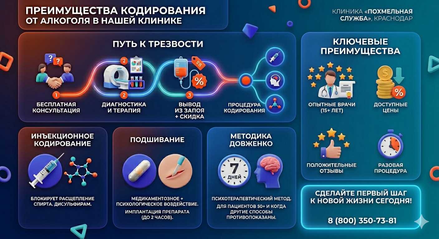 Инфографика о методах кодирования от алкоголя в Тайге: инъекции, подшивание, метод Довженко. Преимущества клиники и этапы лечения.