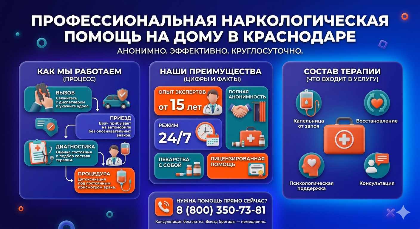 Инфографика о принципах лечения алкоголизма на дому в Тайге: этапы вызова нарколога, преимущества анонимной детоксикации и состав медицинской помощи.